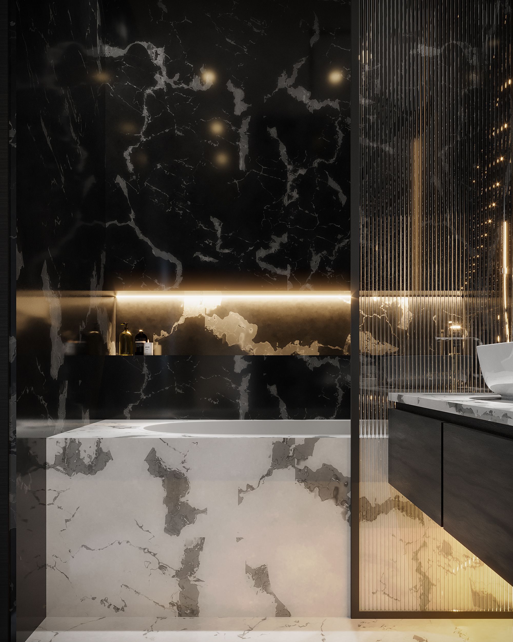 Elegant bathroom with marble design and ambient lighting for a luxurious experience.