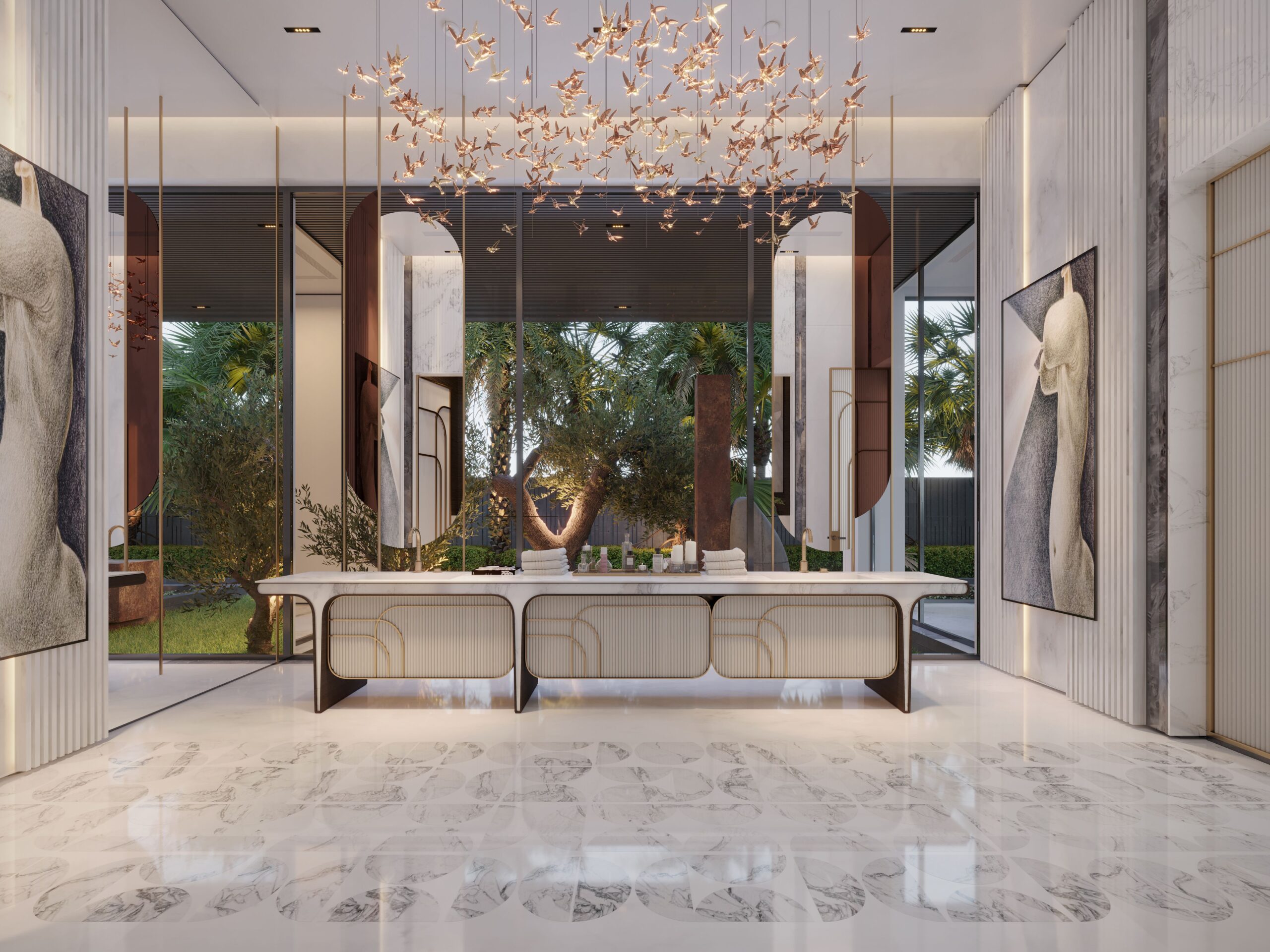 Elegant interior design with marble floors and artistic elements in a luxurious space.